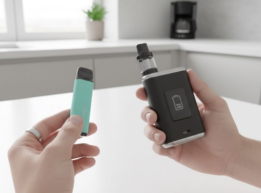 Person holding a small disposable vape next to a larger box mod vape device