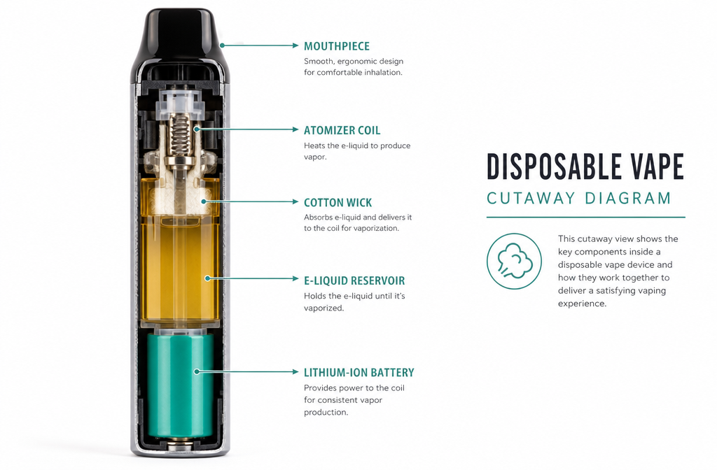 Detailed () editorial photograph showing a cross-section cutaway diagram style illustration of a disposable vape device with