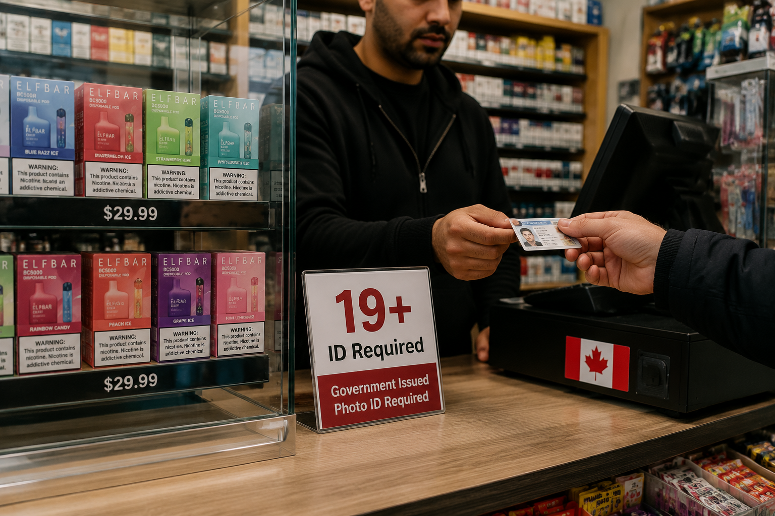 Detailed () editorial photograph style image showing a close-up of a convenience store counter in Ontario with a glass