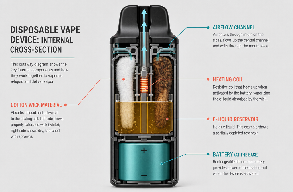 Detailed () educational illustration showing a cross-section cutaway diagram of a disposable vape device revealing internal