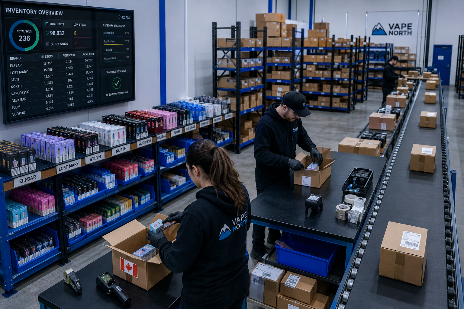 Detailed () image depicting a bird's-eye view of a clean warehouse fulfillment area with workers packing vape product orders