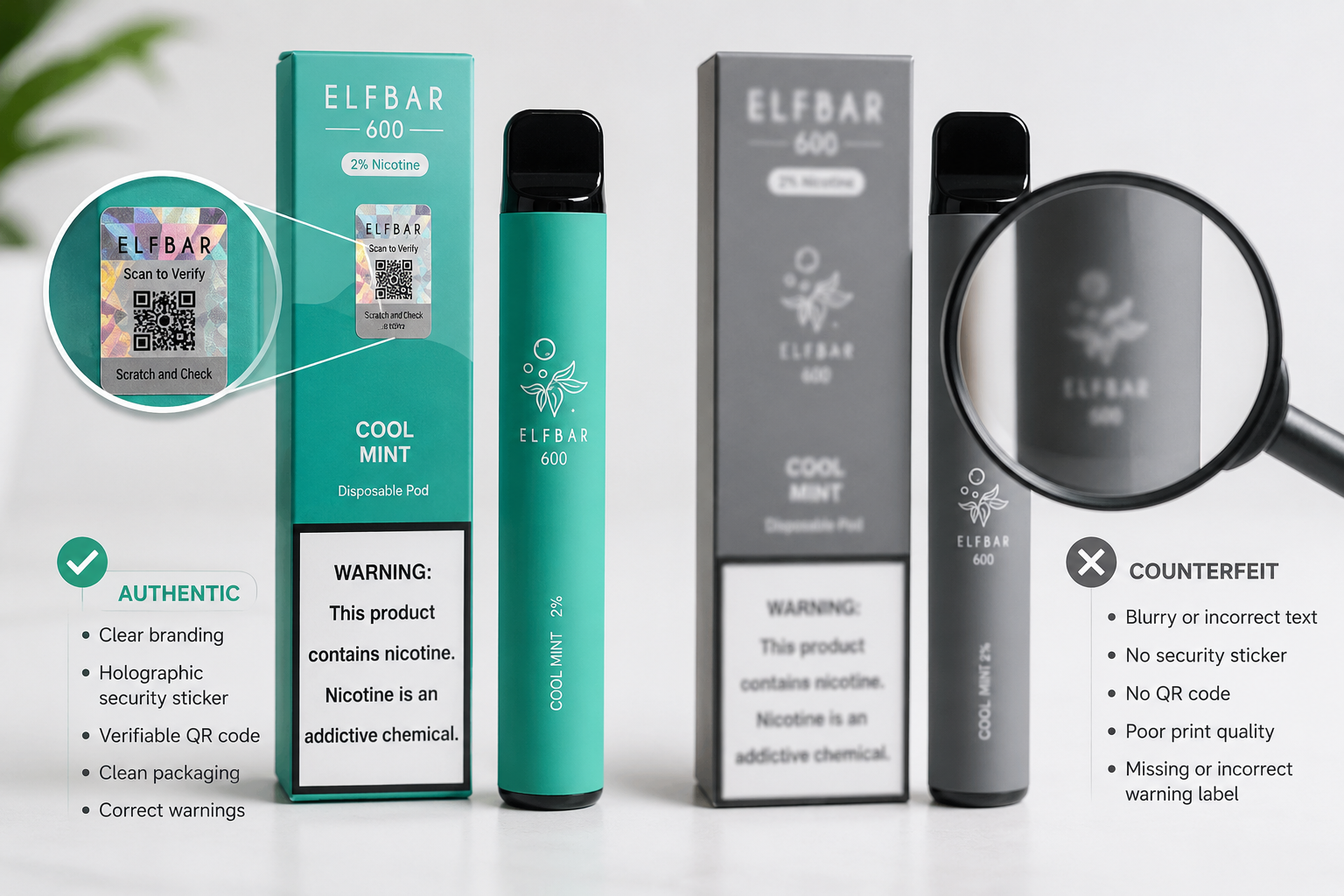 Detailed () image showing a close-up comparison scene: two disposable vapes side by side on a white surface, one clearly