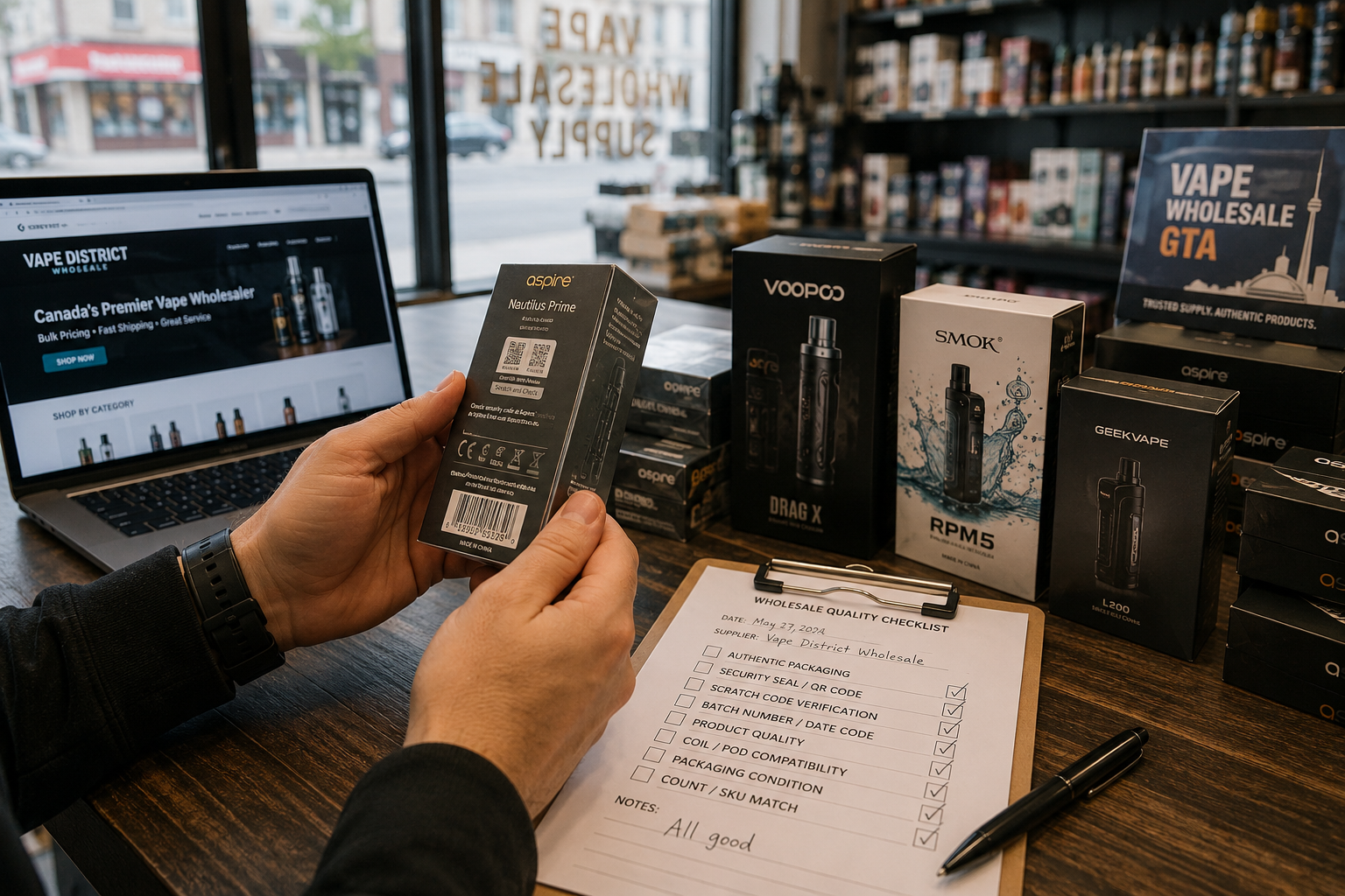 Detailed () image showing a close-up of a retail shop owner's hands examining wholesale vape product packaging at a counter,