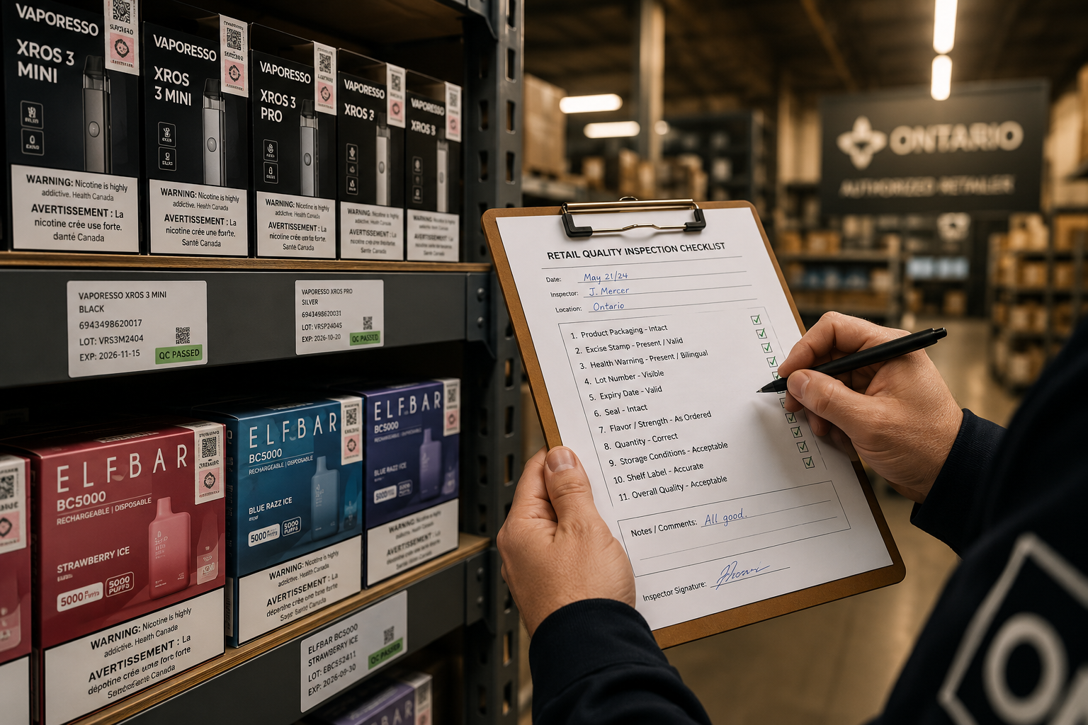 Detailed () image showing a close-up of a retailer's hands holding a clipboard with a checklist while inspecting rows of