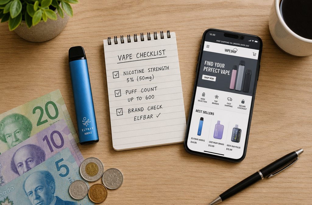 Detailed () image showing a flat-lay arrangement on a light wooden desk: a disposable vape device, a small notepad with a