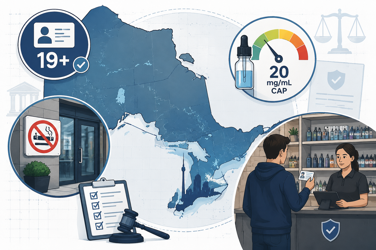 Detailed () informational illustration showing a stylized map of Ontario province with key regulation icons overlaid: a