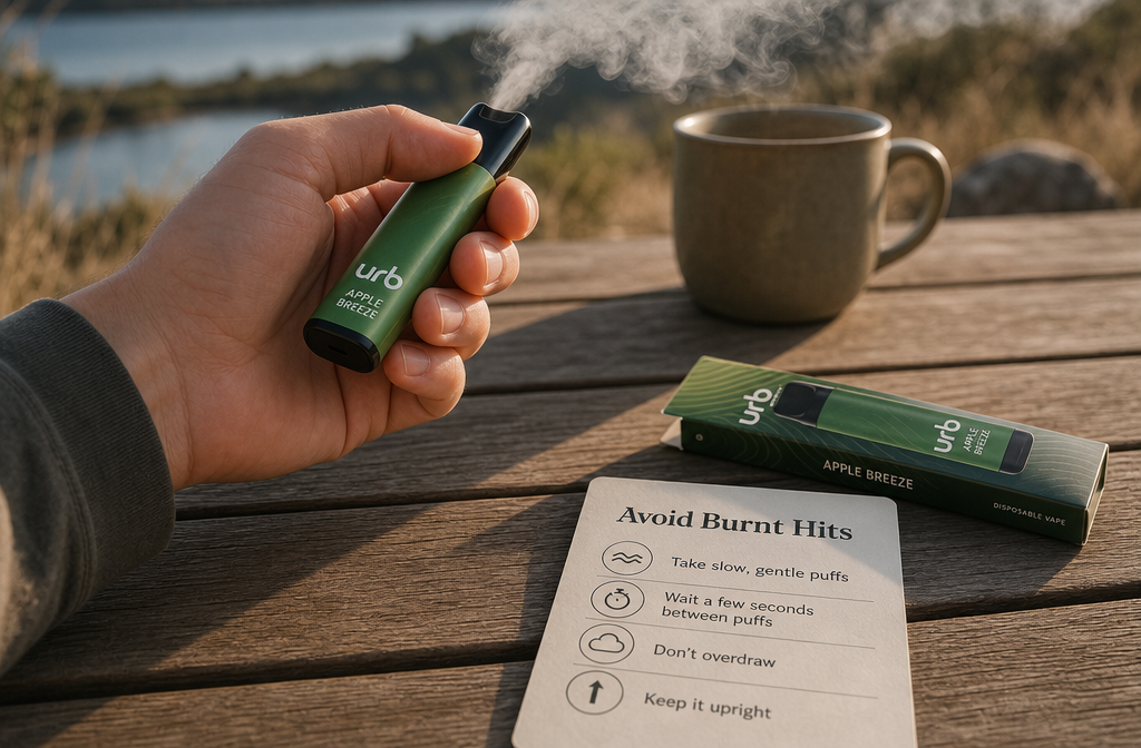 Detailed () lifestyle photograph showing a person's hand holding a disposable vape at a relaxed angle outdoors in soft